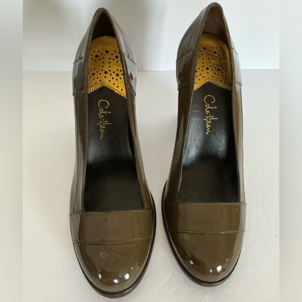 Cole Haan Kendra Nike Air Patent Leather Sepia/Green Block Heel Pumps 7,5 - Picture 4 of 15